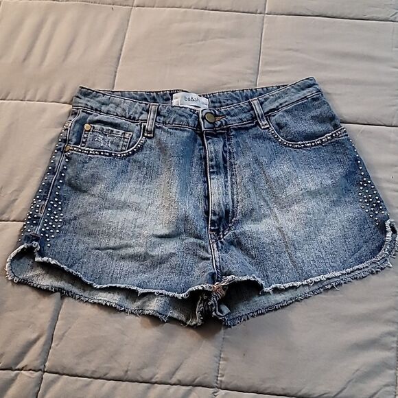 Ba&sh Sluego Denim Studded Shorts. - Picture 2 of 9